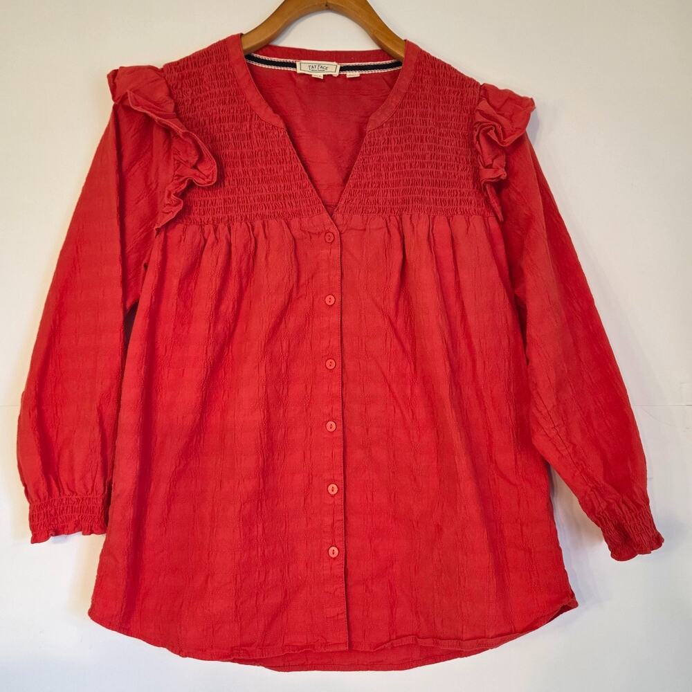 FatFace US 4 Red Smocked Ruffle Shoulder Cotton Button Front Blouse